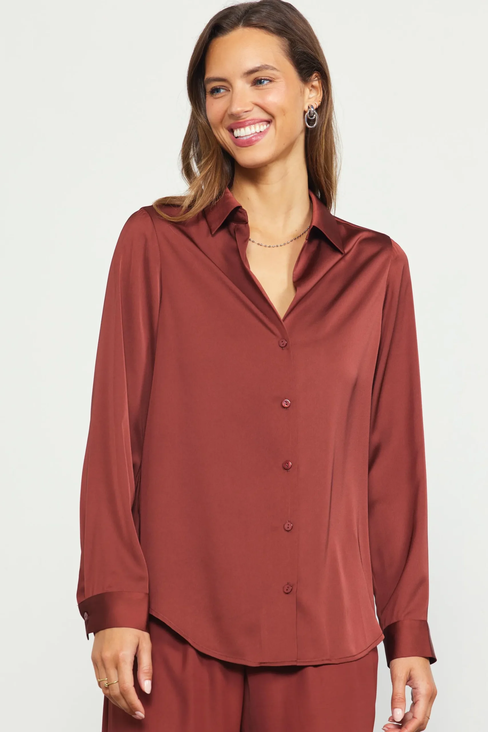 SKIES ARE BLUE Blouses|Long Sleeve Tops*Recycled Button Down Top Chocolate