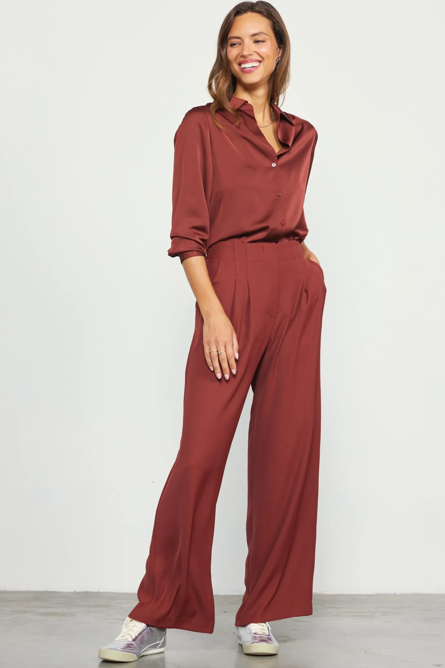 SKIES ARE BLUE Blouses|Long Sleeve Tops*Recycled Button Down Top Chocolate