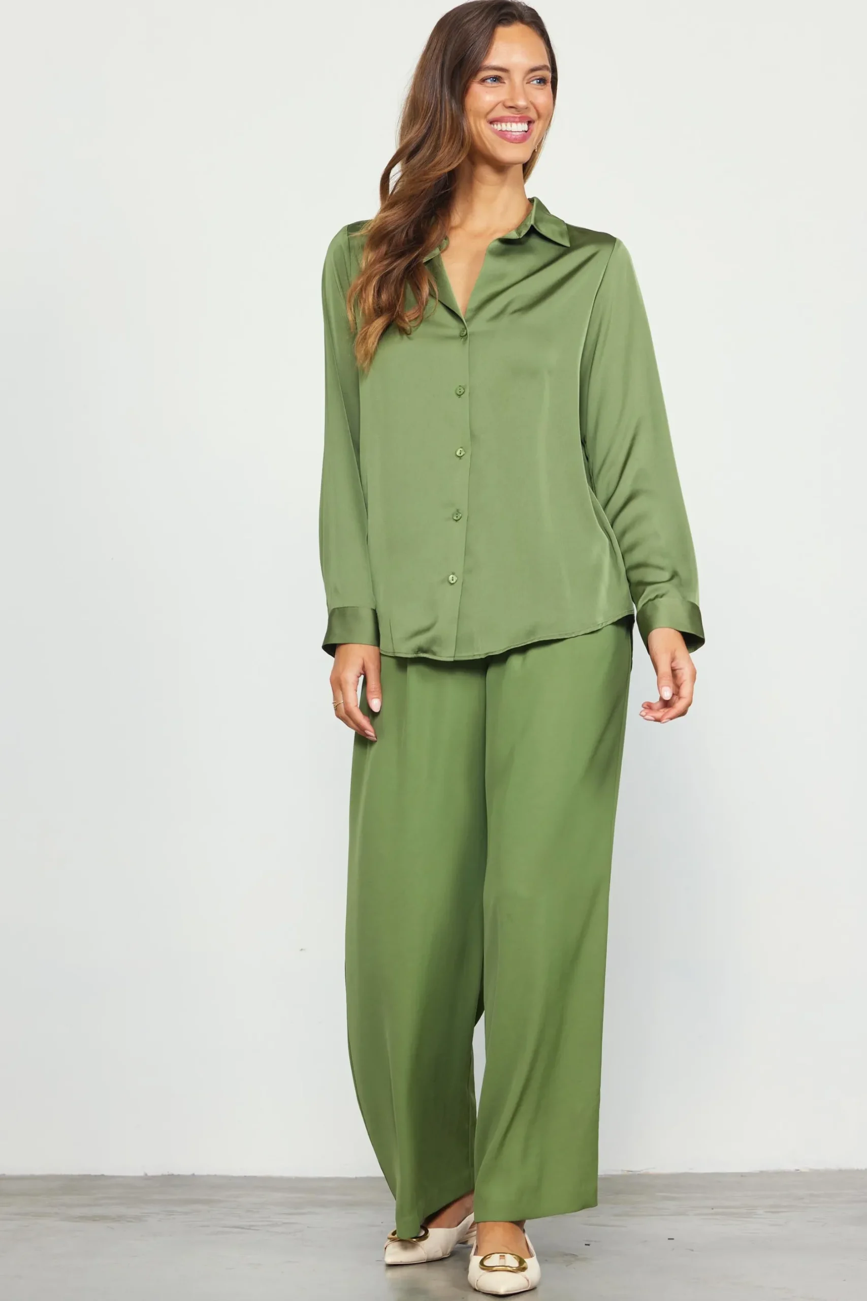 SKIES ARE BLUE Blouses|Long Sleeve Tops*Recycled Button Down Top Olive