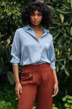 SKIES ARE BLUE Blouses|Long Sleeve Tops*Recycled Button Down Top Dustyblue