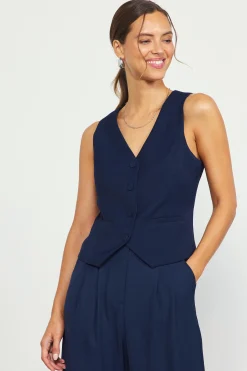SKIES ARE BLUE Sleeveless Tops*Recycled Button Down Vest Midnightnavy