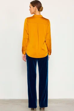 SKIES ARE BLUE Long Sleeve Tops*Recycled Classic Button Down Top Mustard