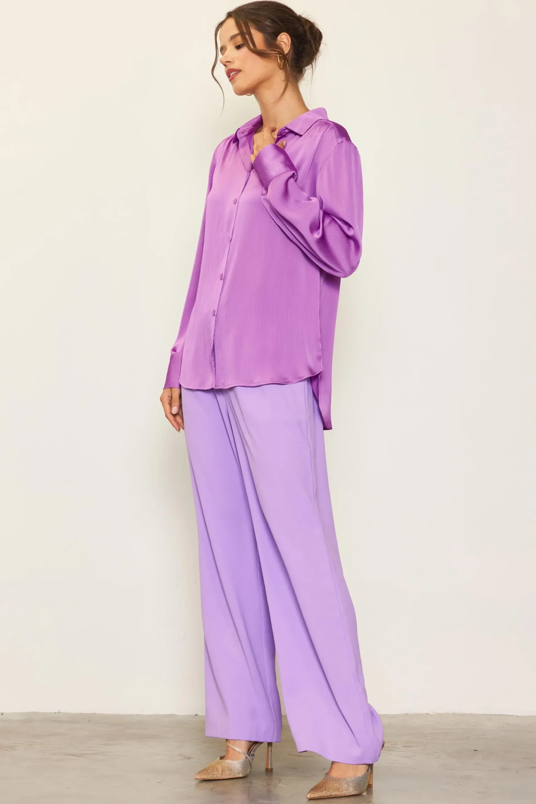 SKIES ARE BLUE Long Sleeve Tops*Recycled Crinkle Satin Buttondown Mindfulmauve