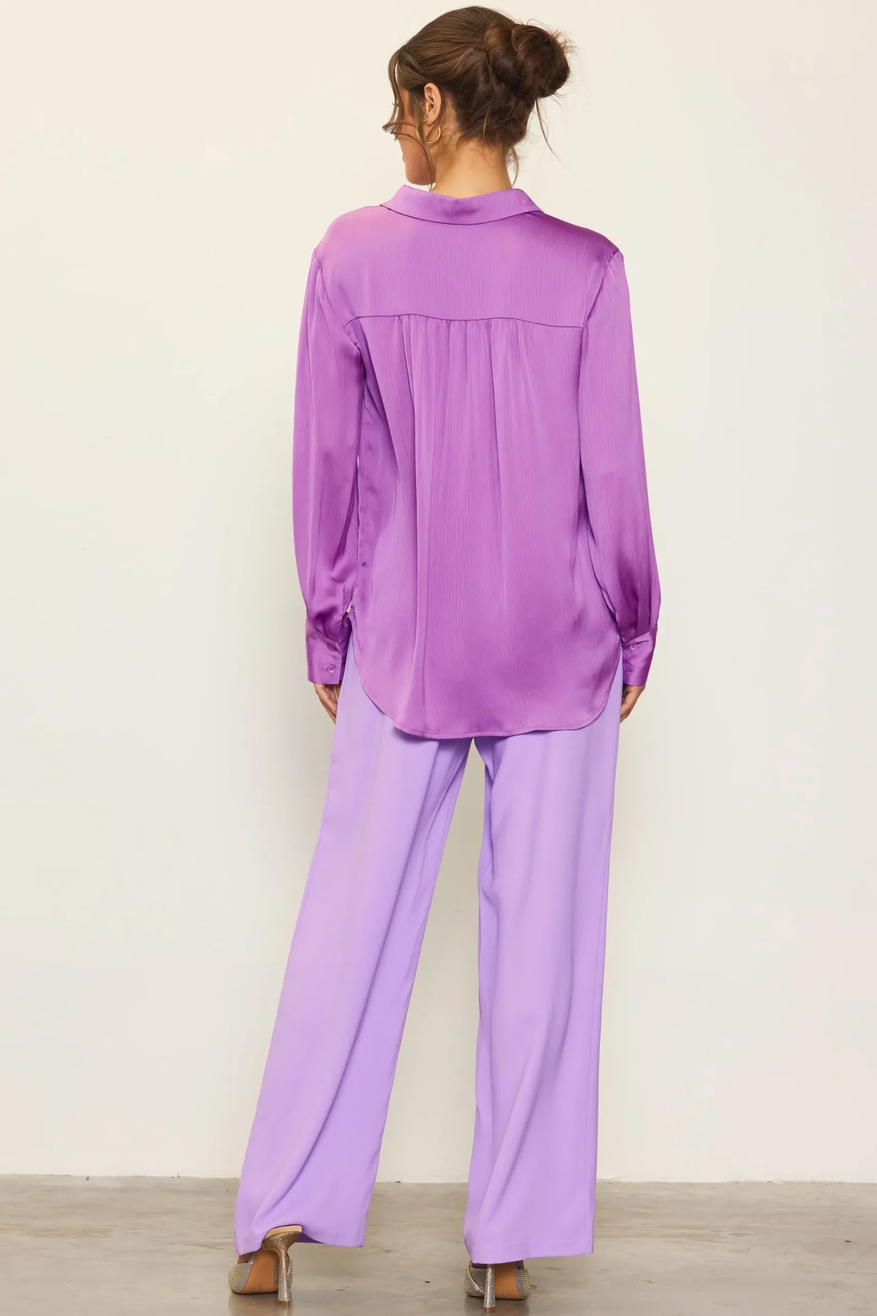 SKIES ARE BLUE Long Sleeve Tops*Recycled Crinkle Satin Buttondown Mindfulmauve
