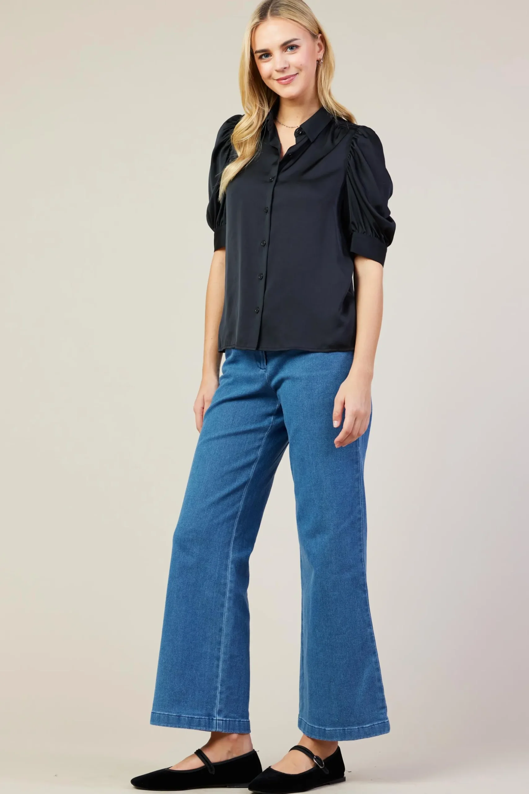 SKIES ARE BLUE Blouses|Short Sleeve Tops*Recycled Shirred Sleeve Blouse Black