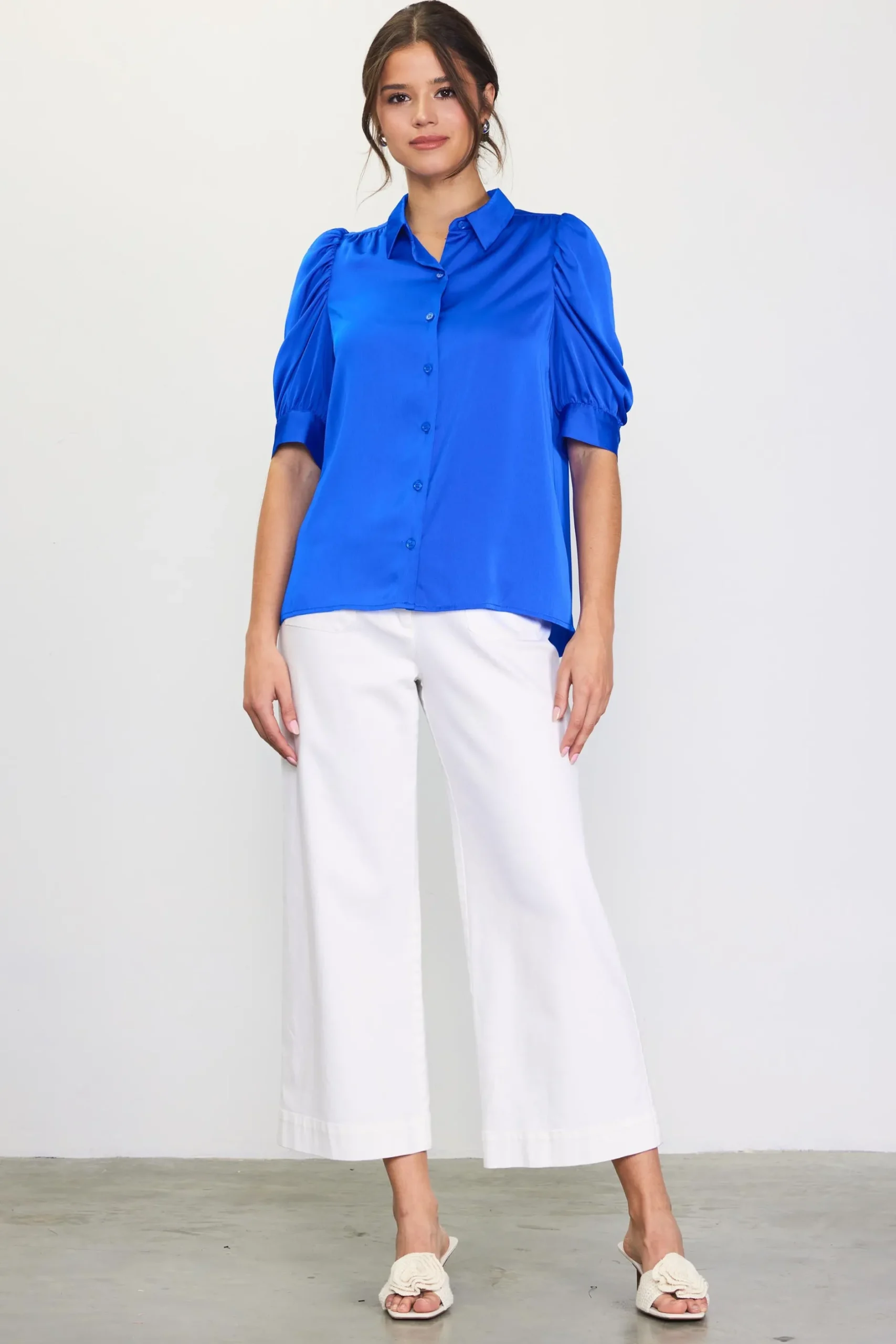 SKIES ARE BLUE Blouses|Short Sleeve Tops*Recycled Shirred Sleeve Blouse Neonblue