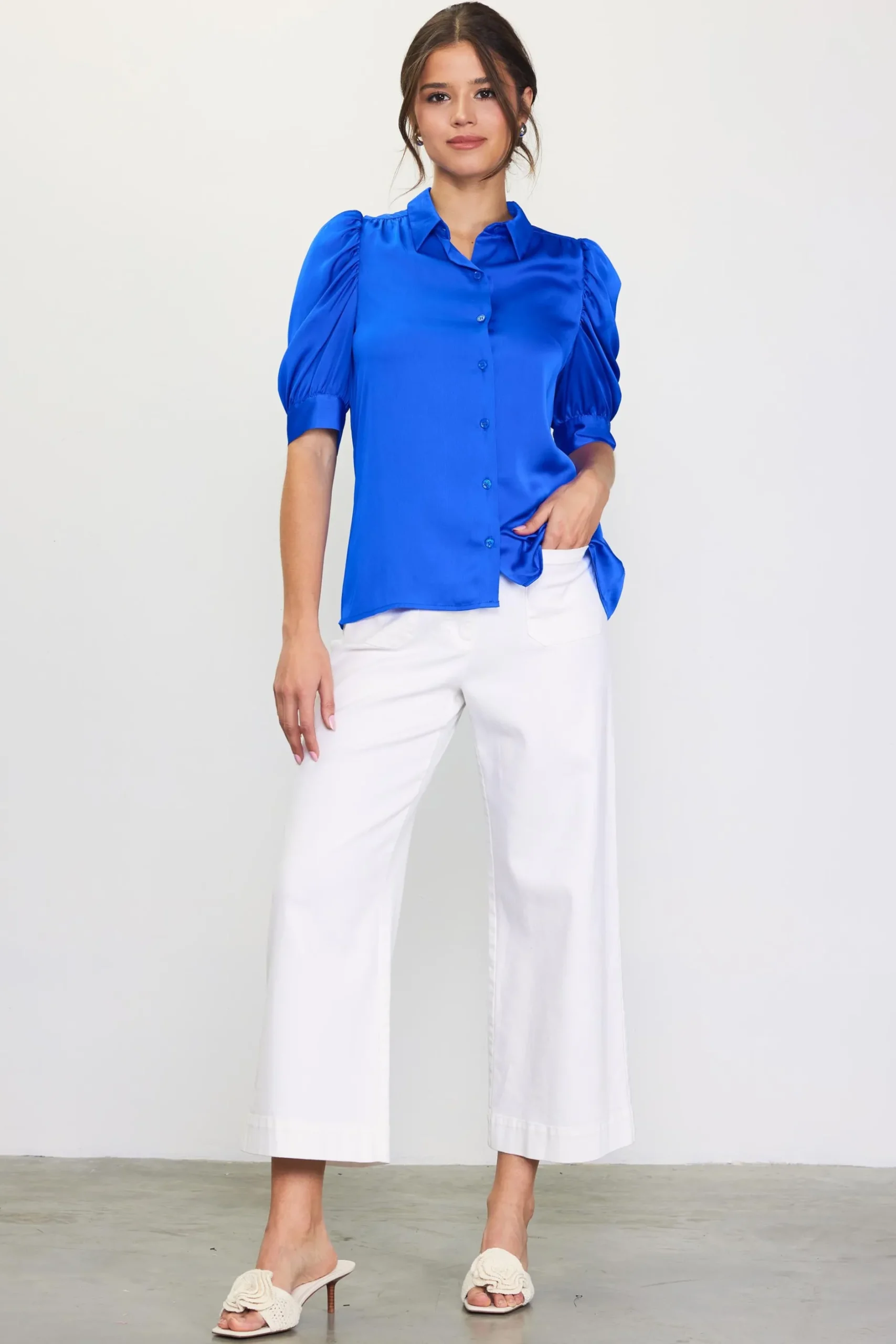 SKIES ARE BLUE Blouses|Short Sleeve Tops*Recycled Shirred Sleeve Blouse Neonblue