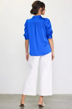 SKIES ARE BLUE Blouses|Short Sleeve Tops*Recycled Shirred Sleeve Blouse Neonblue