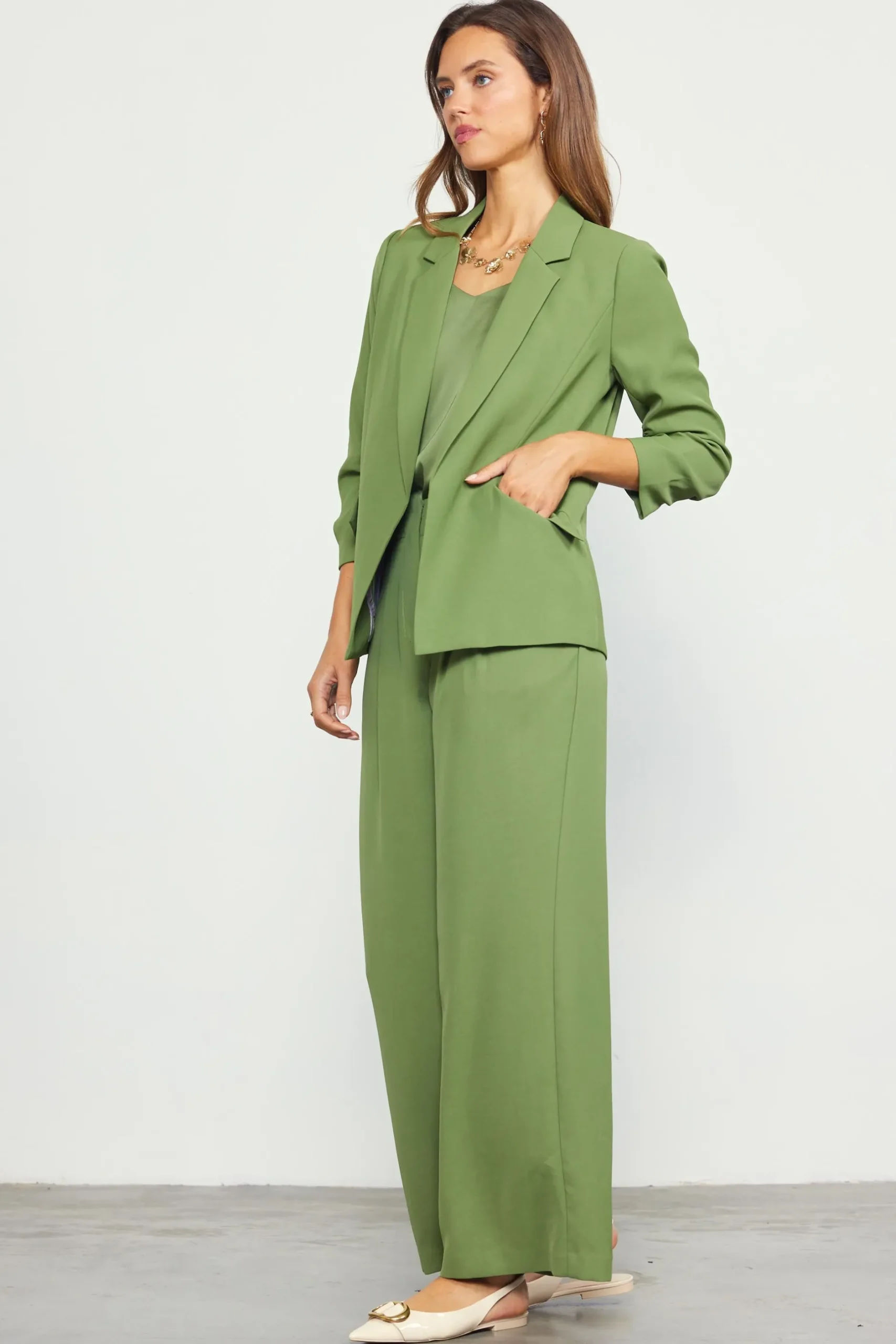 SKIES ARE BLUE Blazers*Recycled Shirred Sleeve Blazer Olive
