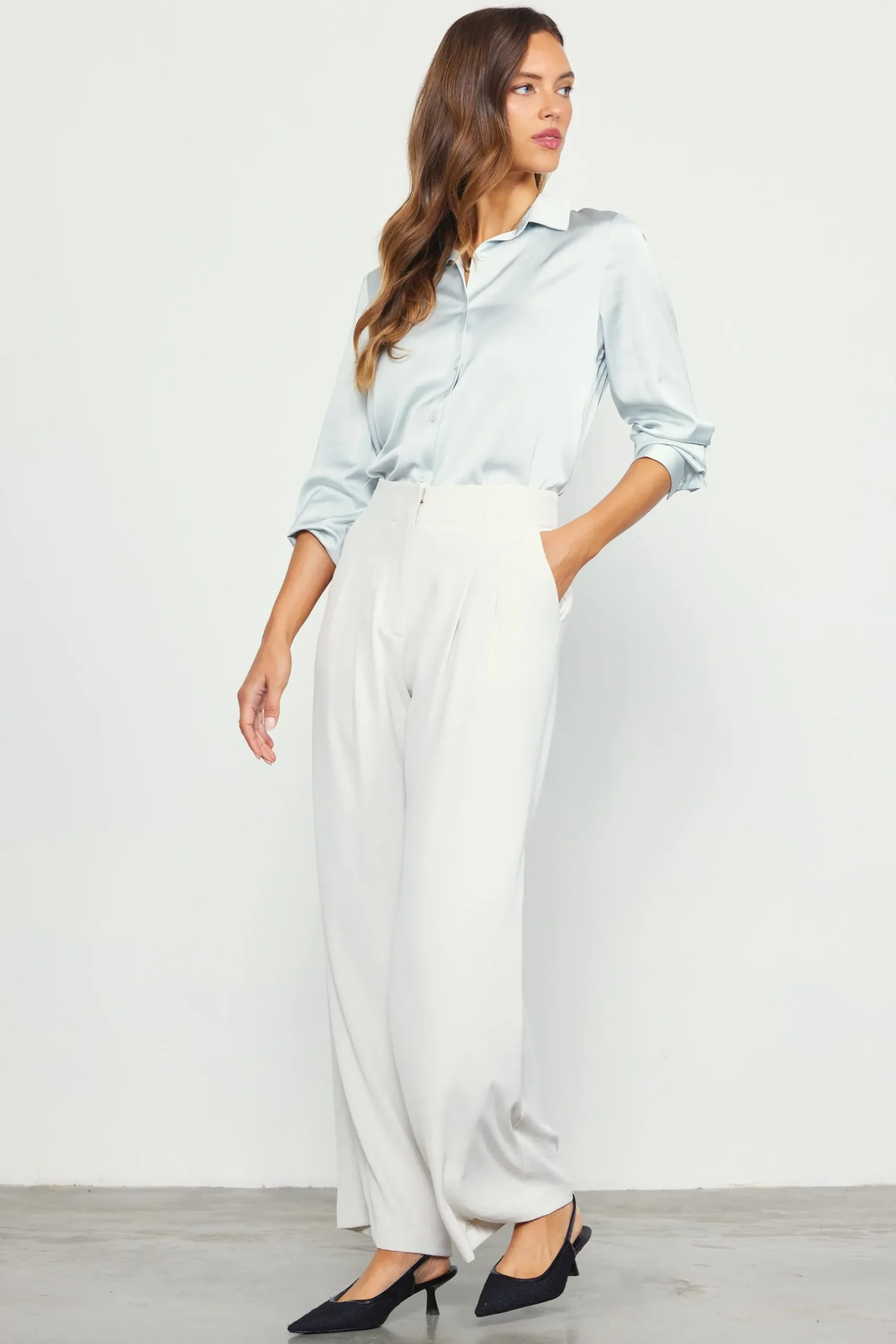 SKIES ARE BLUE Pants*Recycled Wide Leg Pants Oyster
