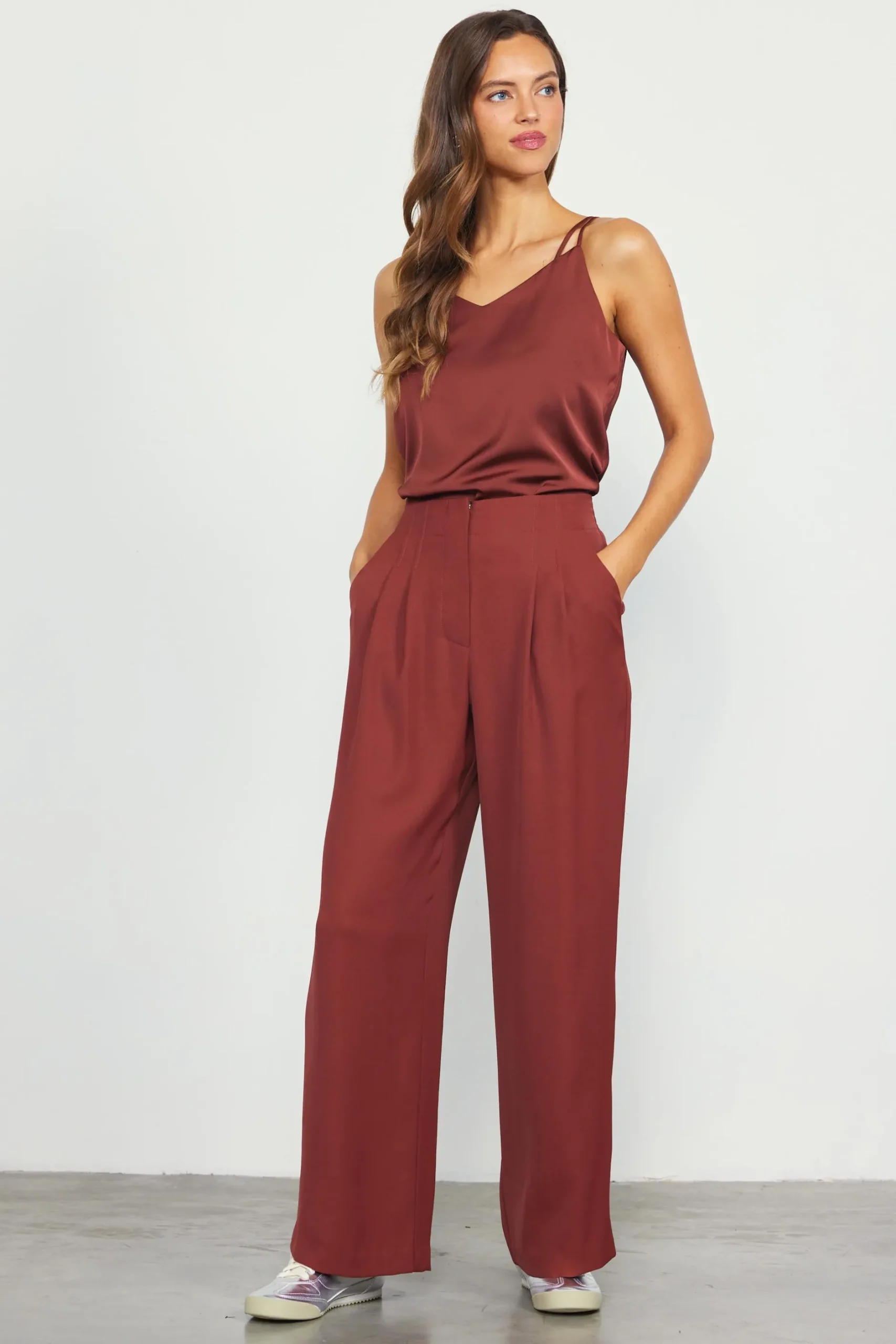 SKIES ARE BLUE Pants*Recycled Wide Leg Pants Chocolate