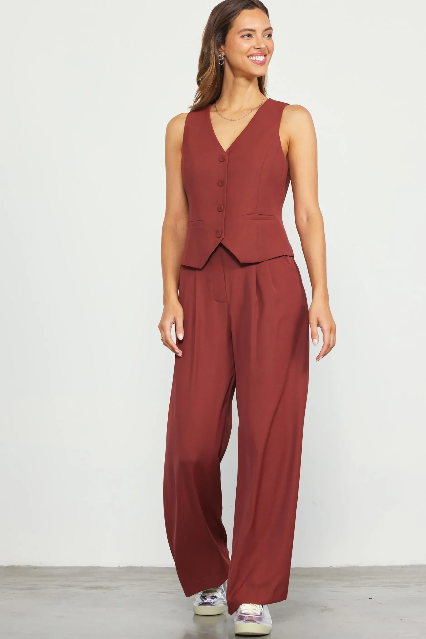 SKIES ARE BLUE Pants*Recycled Wide Leg Pants Chocolate