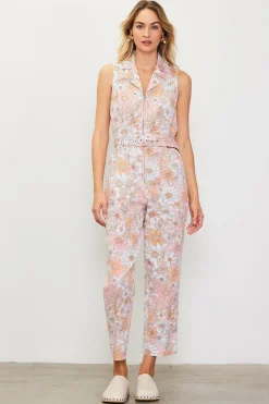 SKIES ARE BLUE Jumpsuits*Retro Floral Belted Zip Jumpsuit Apricot