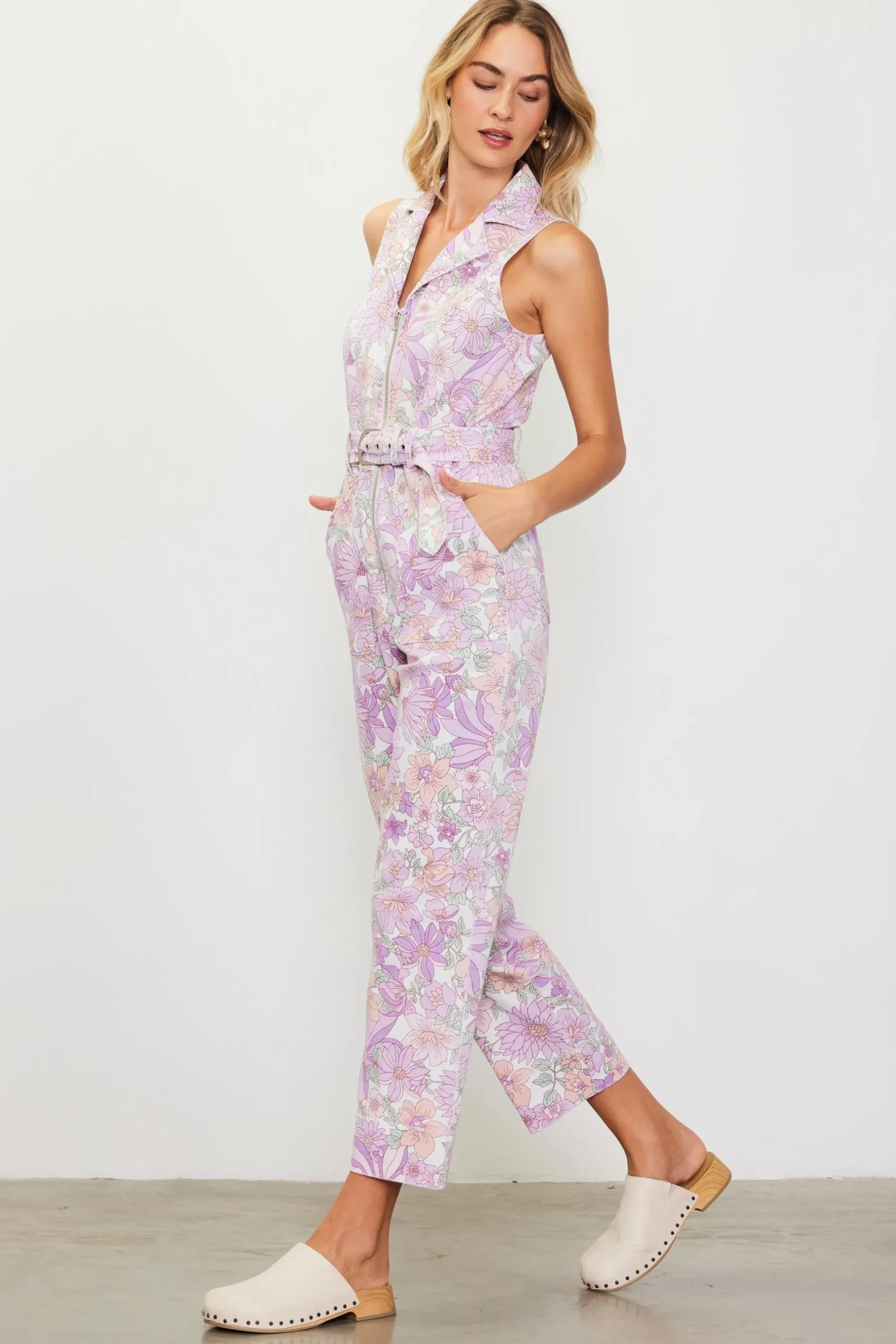 SKIES ARE BLUE Jumpsuits*Retro Floral Belted Zip Jumpsuit Lavender