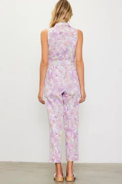 SKIES ARE BLUE Jumpsuits*Retro Floral Belted Zip Jumpsuit Lavender