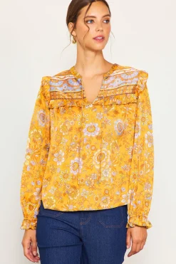 SKIES ARE BLUE Blouses|Long Sleeve Tops*Retro Floral Motif Blouse Mustard