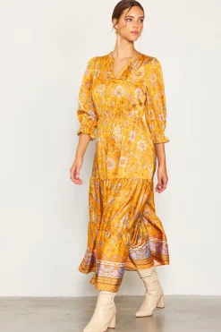 SKIES ARE BLUE Maxi Dresses*Retro Floral Motif Maxi Dress Mustard