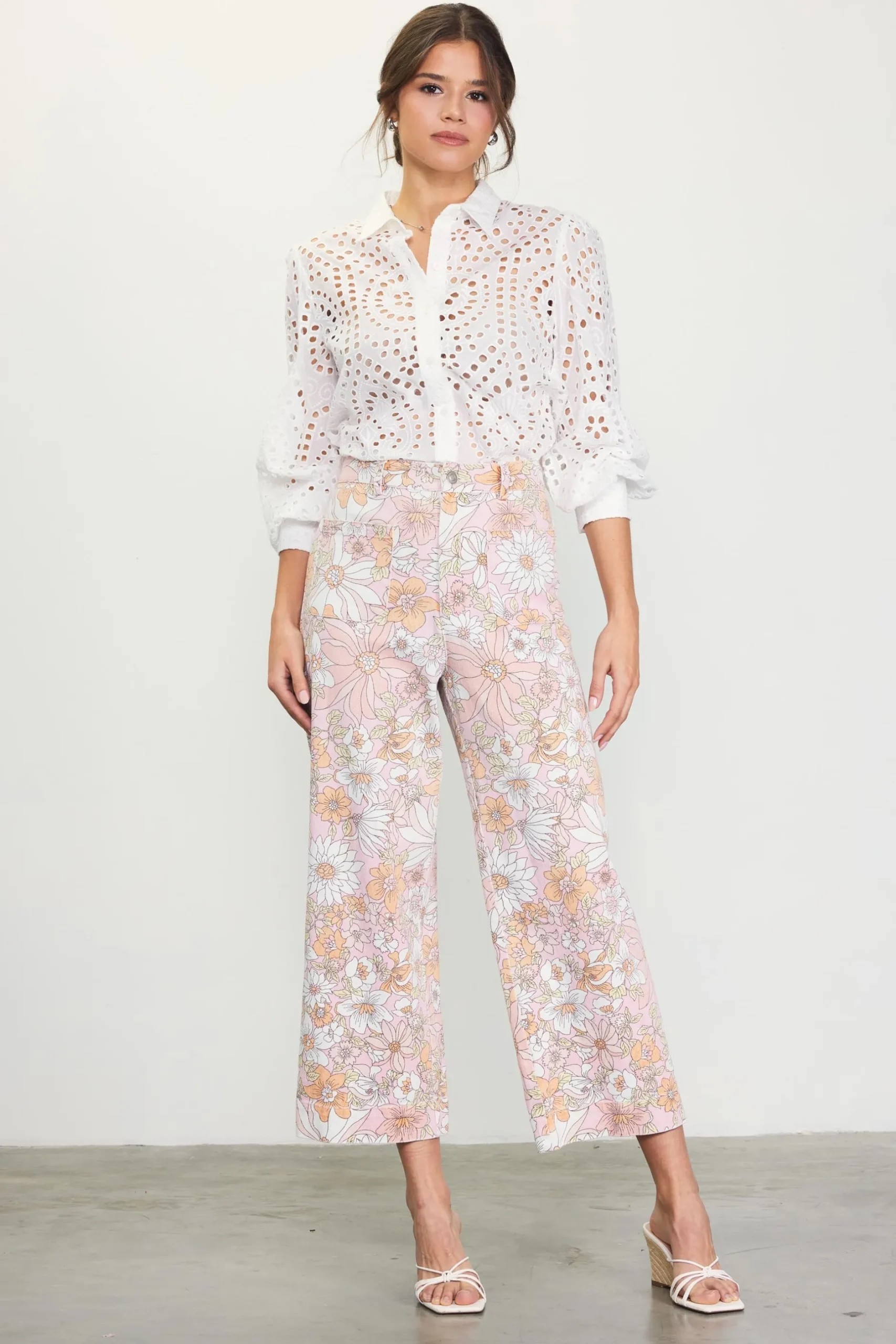 SKIES ARE BLUE Pants*Retro Floral Wide Leg Pants Apricot