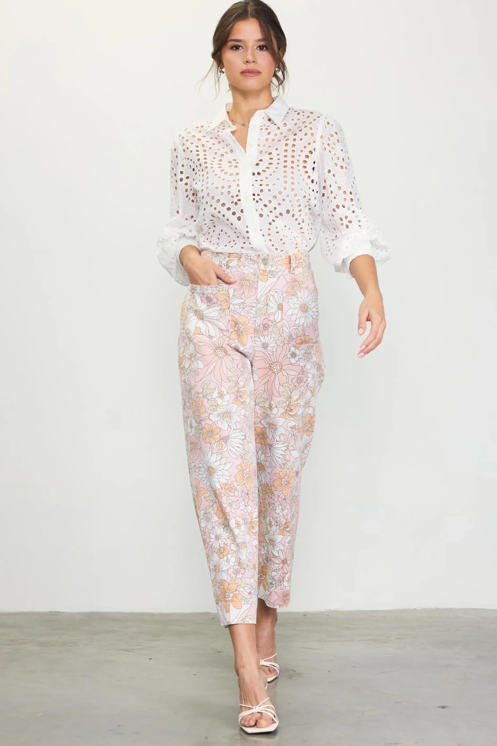SKIES ARE BLUE Pants*Retro Floral Wide Leg Pants Apricot
