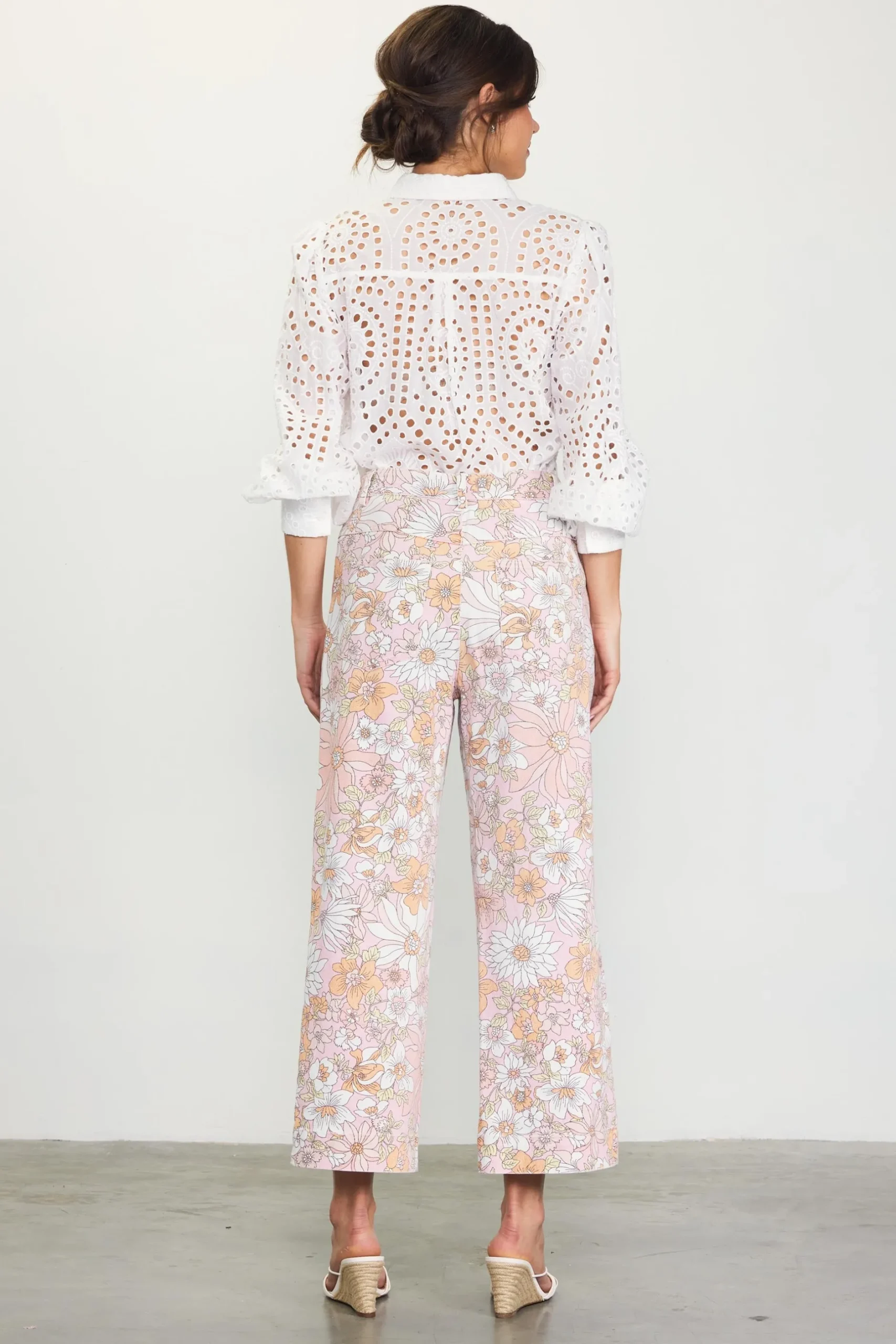 SKIES ARE BLUE Pants*Retro Floral Wide Leg Pants Apricot