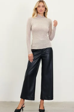 SKIES ARE BLUE Long Sleeve Tops*Rhinestone Mesh Mock Neck Top Lightbeige