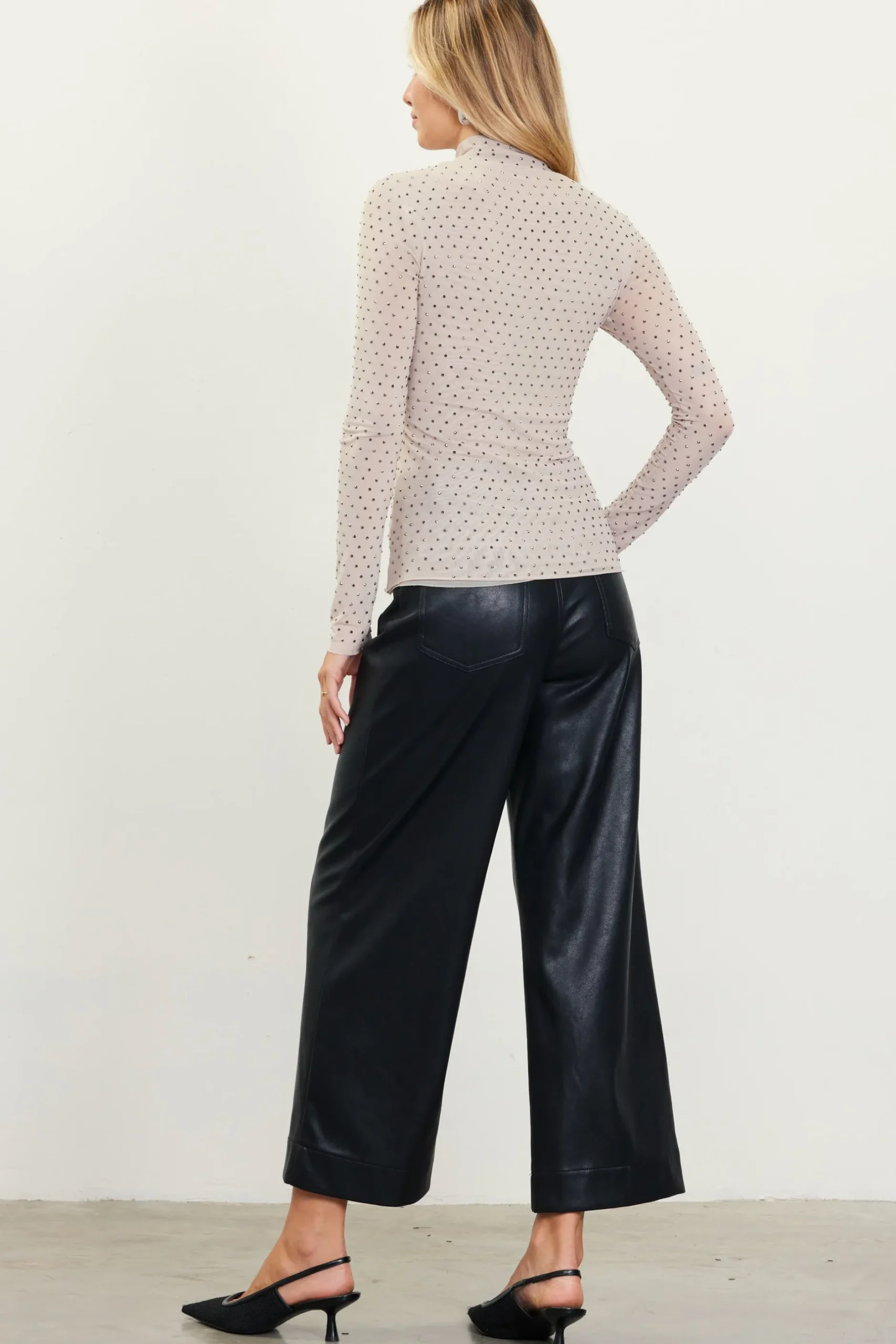 SKIES ARE BLUE Long Sleeve Tops*Rhinestone Mesh Mock Neck Top Lightbeige