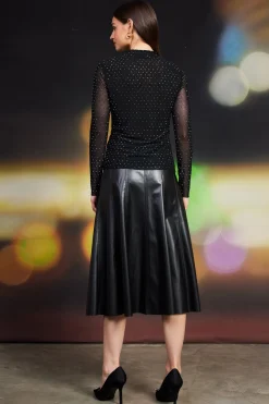 SKIES ARE BLUE Long Sleeve Tops*Rhinestone Mesh Mock Neck Top Black