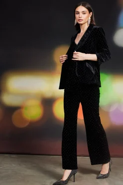SKIES ARE BLUE Blazers*Rhinestone Ruched Velvet Blazer Black