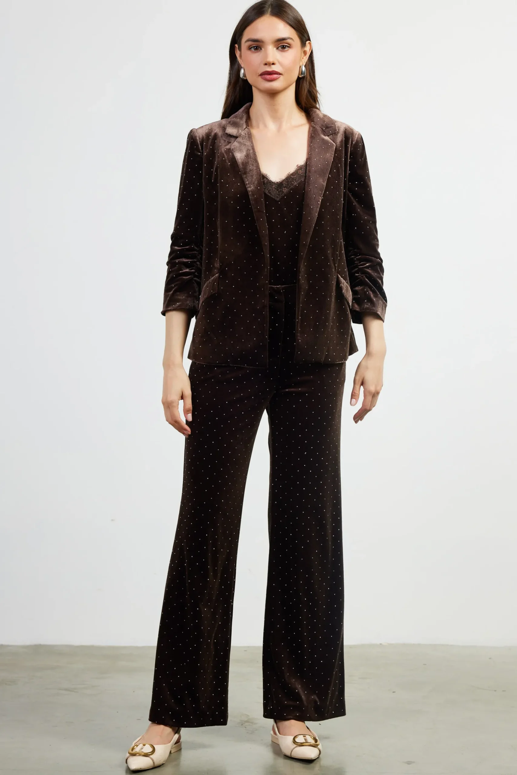 SKIES ARE BLUE Blazers*Rhinestone Ruched Velvet Blazer Brown