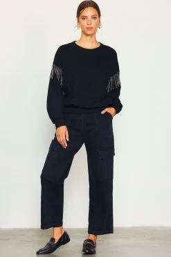 SKIES ARE BLUE Sweaters*Rhinestone Sleeve Trim Sweatshirt Black