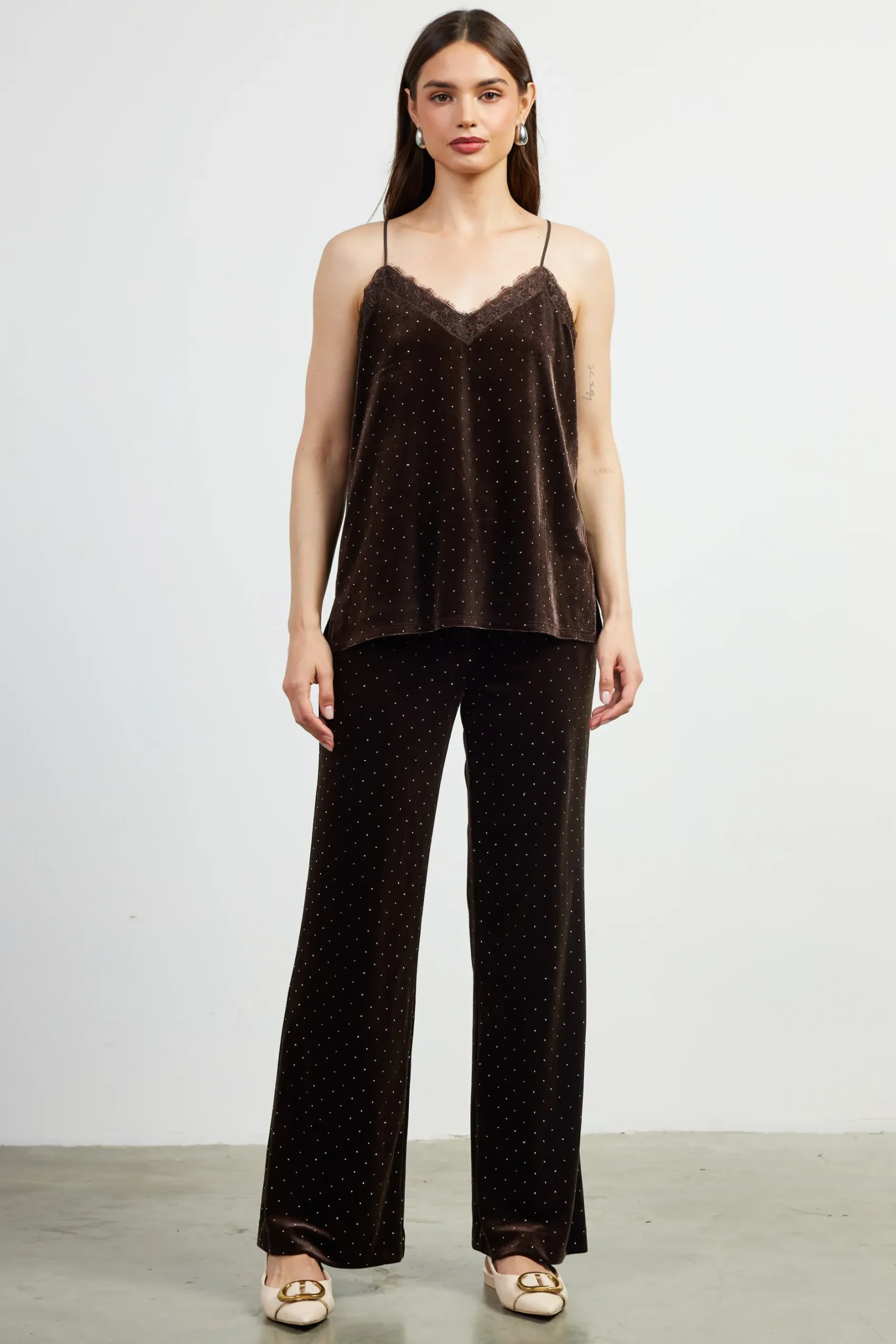 SKIES ARE BLUE Sleeveless Tops*Rhinestone Velvet Cami Brown