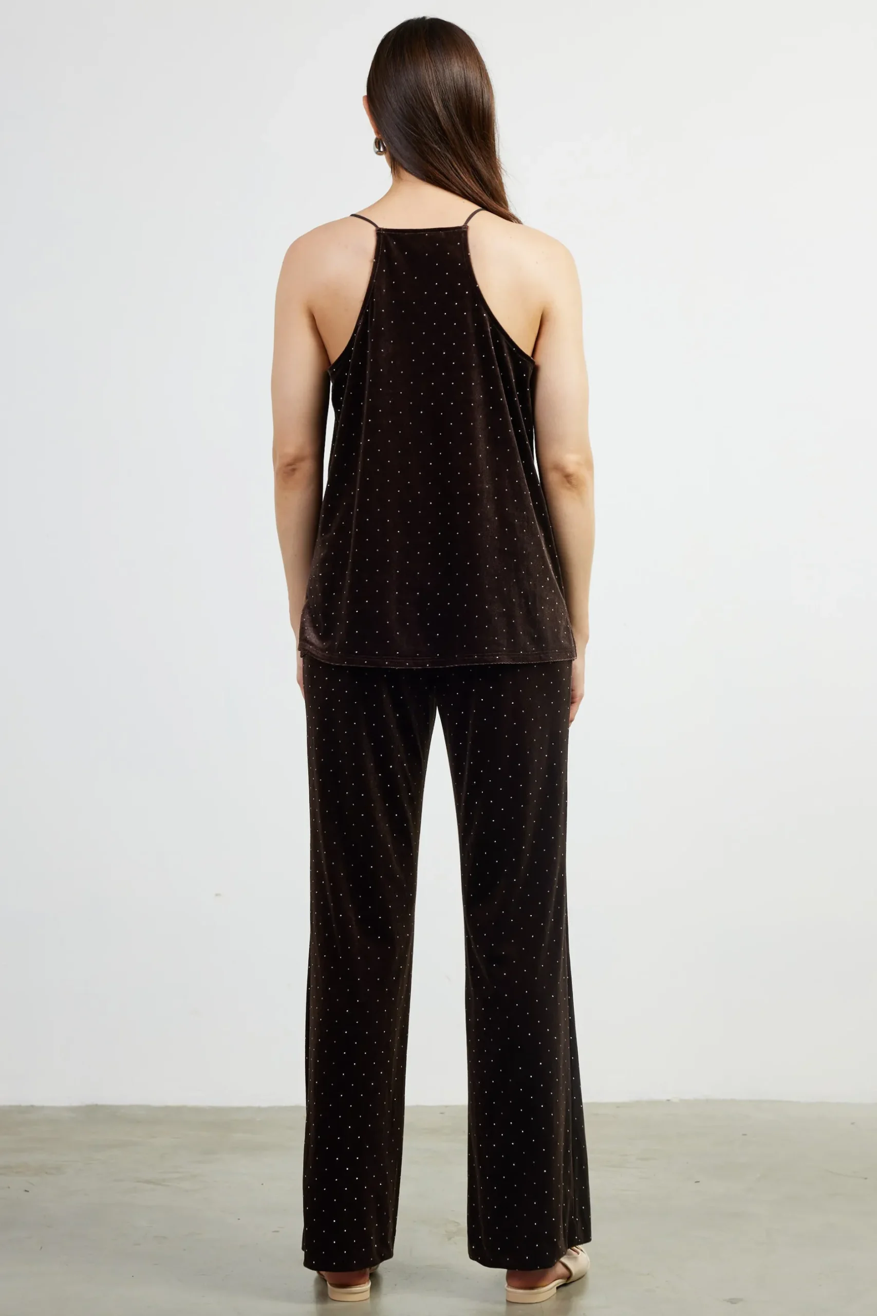 SKIES ARE BLUE Sleeveless Tops*Rhinestone Velvet Cami Brown