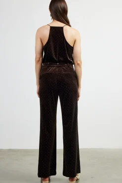 SKIES ARE BLUE Pants*Rhinestone Velvet Flared Pants Brown