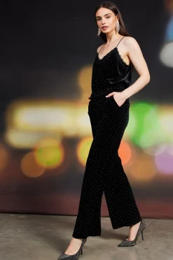 SKIES ARE BLUE Pants*Rhinestone Velvet Flared Pants Black