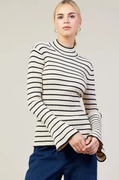 SKIES ARE BLUE Long Sleeve Tops*Ribbed Flared Longsleeve Top Cream-black