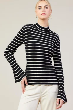 SKIES ARE BLUE Long Sleeve Tops*Ribbed Flared Longsleeve Top Black-cream