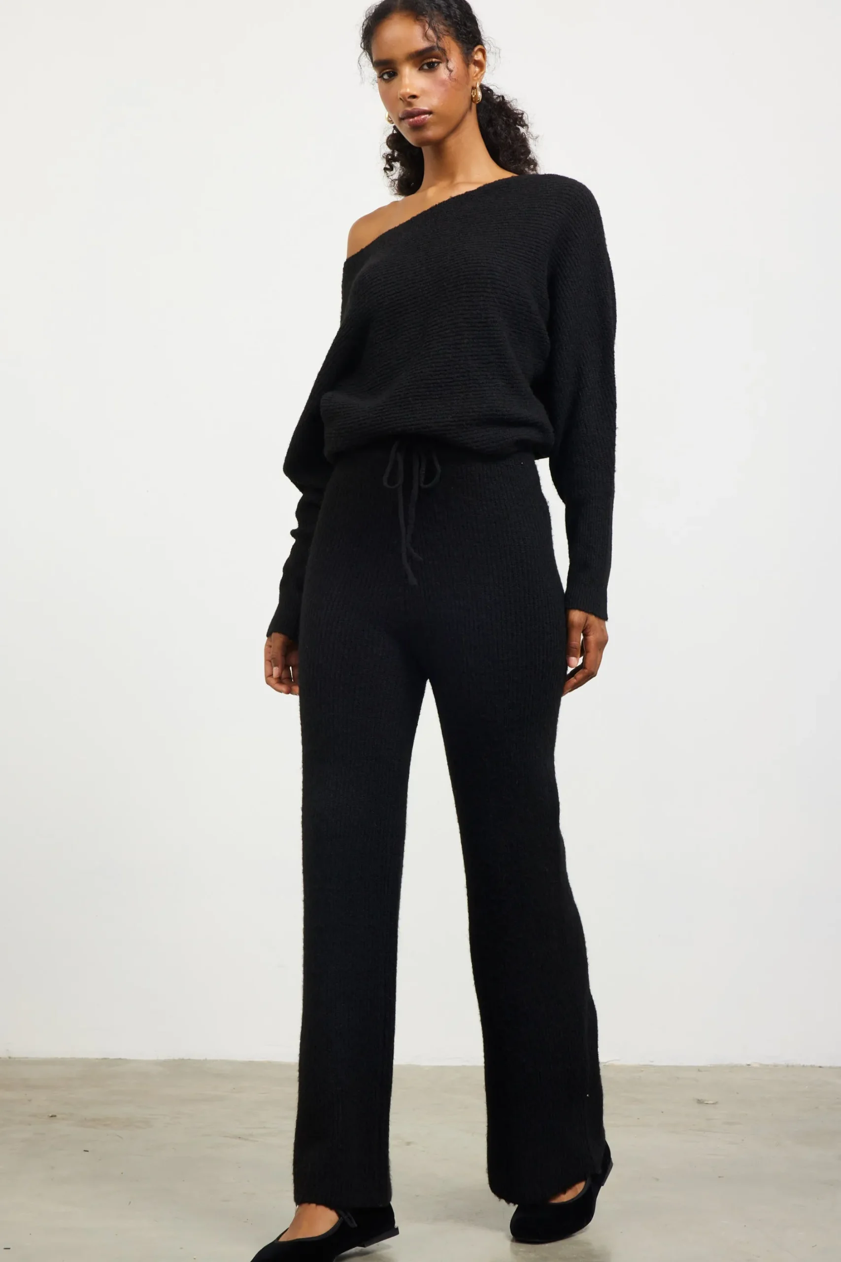 SKIES ARE BLUE Pants*Ribbed Knit Wide Leg Pants Black