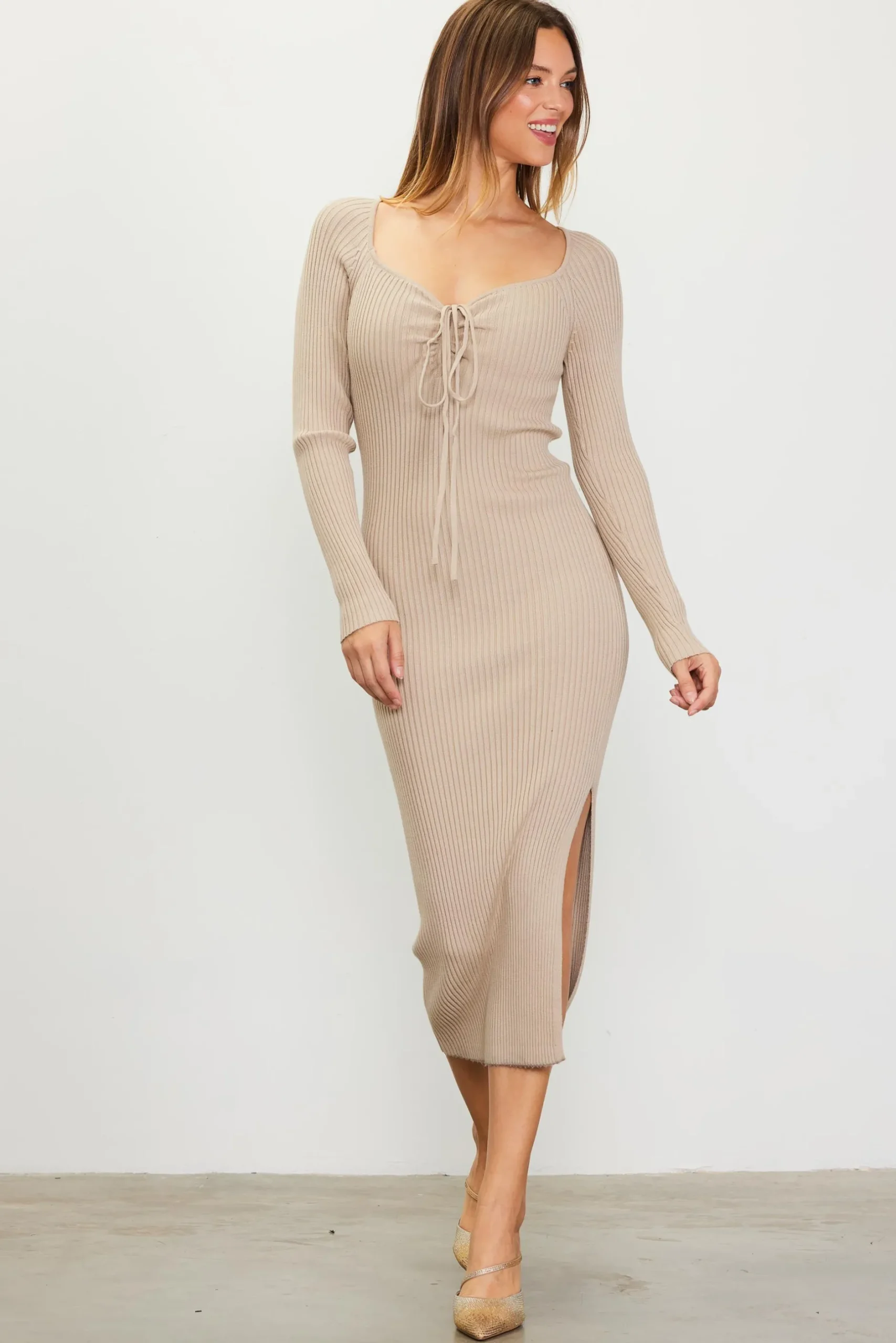 SKIES ARE BLUE Midi Dresses|Sweaters*Ribbed Sweater Dress Desertsand