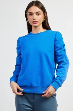 SKIES ARE BLUE Long Sleeve Tops|Sweaters*Ruched Sleeves Crewneck Sweatshirt Cobalt