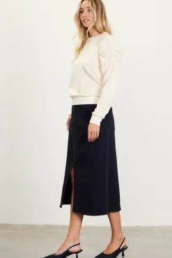 SKIES ARE BLUE Long Sleeve Tops|Sweaters*Ruched Sleeves Crewneck Sweatshirt Cream