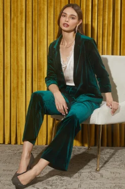 SKIES ARE BLUE Blazers*Ruched Velvet Blazer Huntergreen