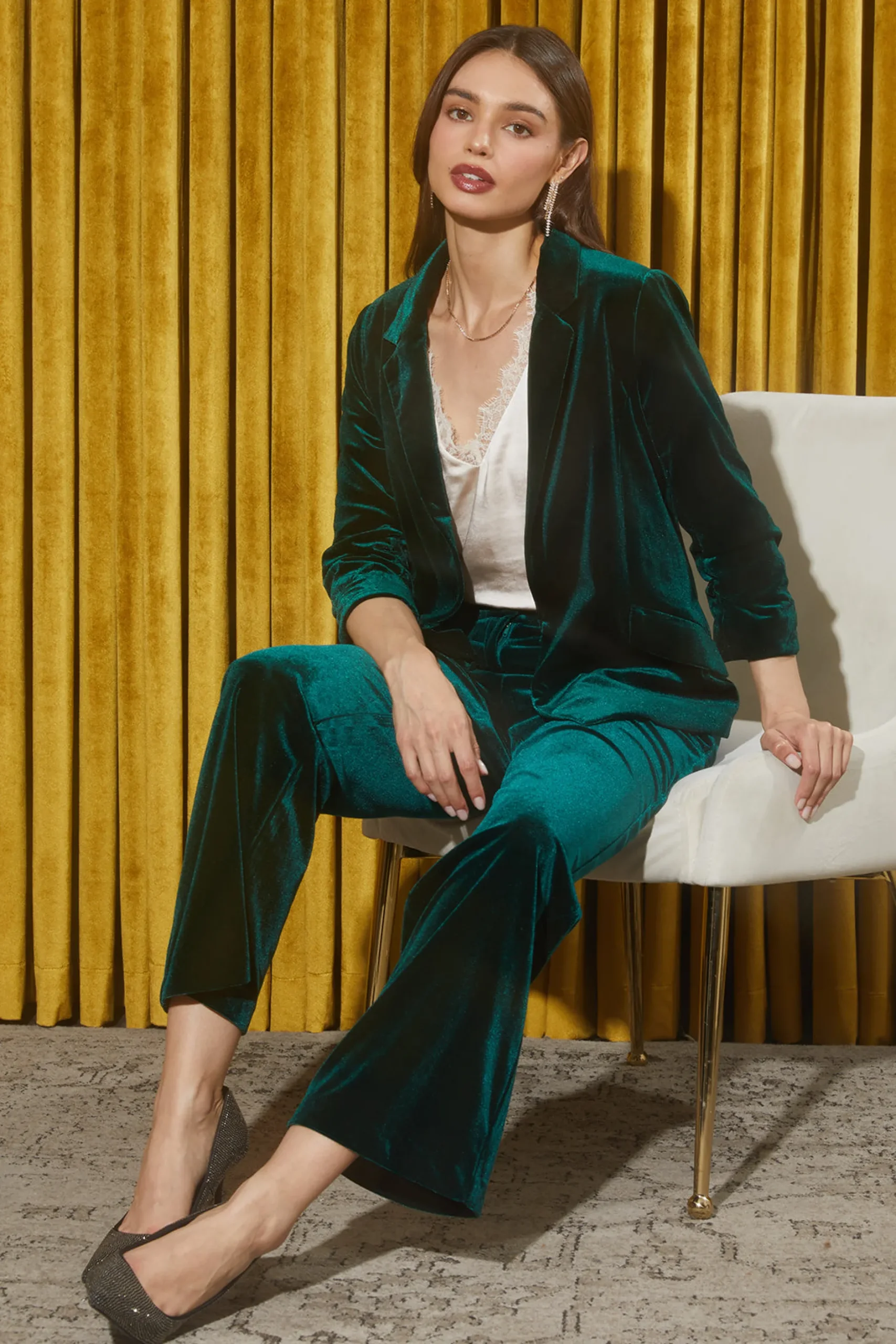 SKIES ARE BLUE Blazers*Ruched Velvet Blazer Huntergreen