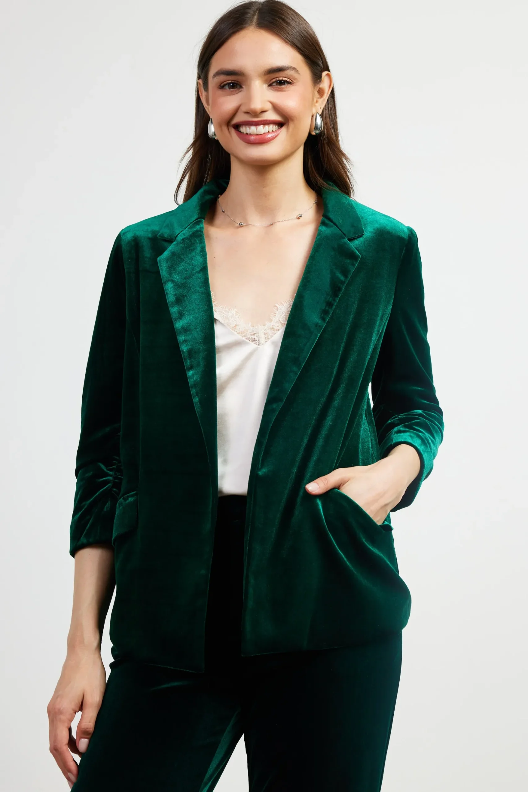 SKIES ARE BLUE Blazers*Ruched Velvet Blazer Huntergreen