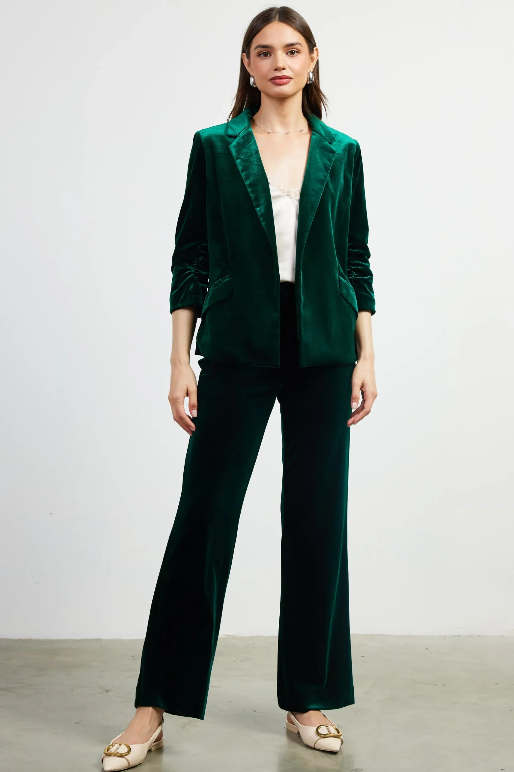 SKIES ARE BLUE Blazers*Ruched Velvet Blazer Huntergreen
