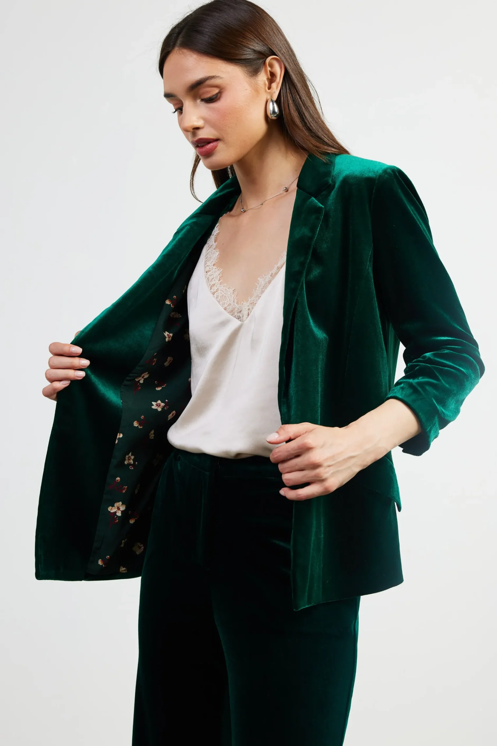 SKIES ARE BLUE Blazers*Ruched Velvet Blazer Huntergreen