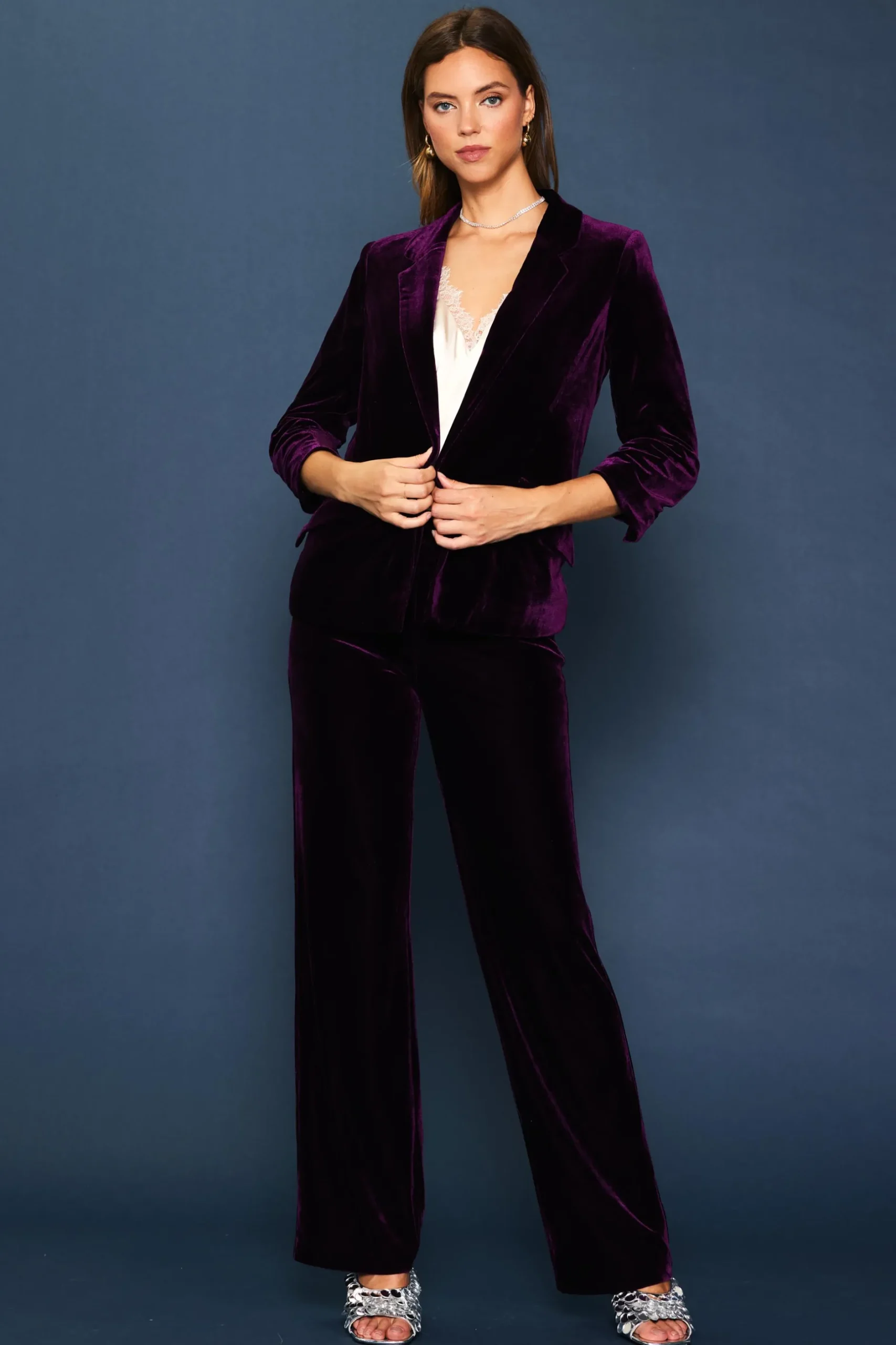 SKIES ARE BLUE Blazers*Ruched Velvet Blazer Plumpurple