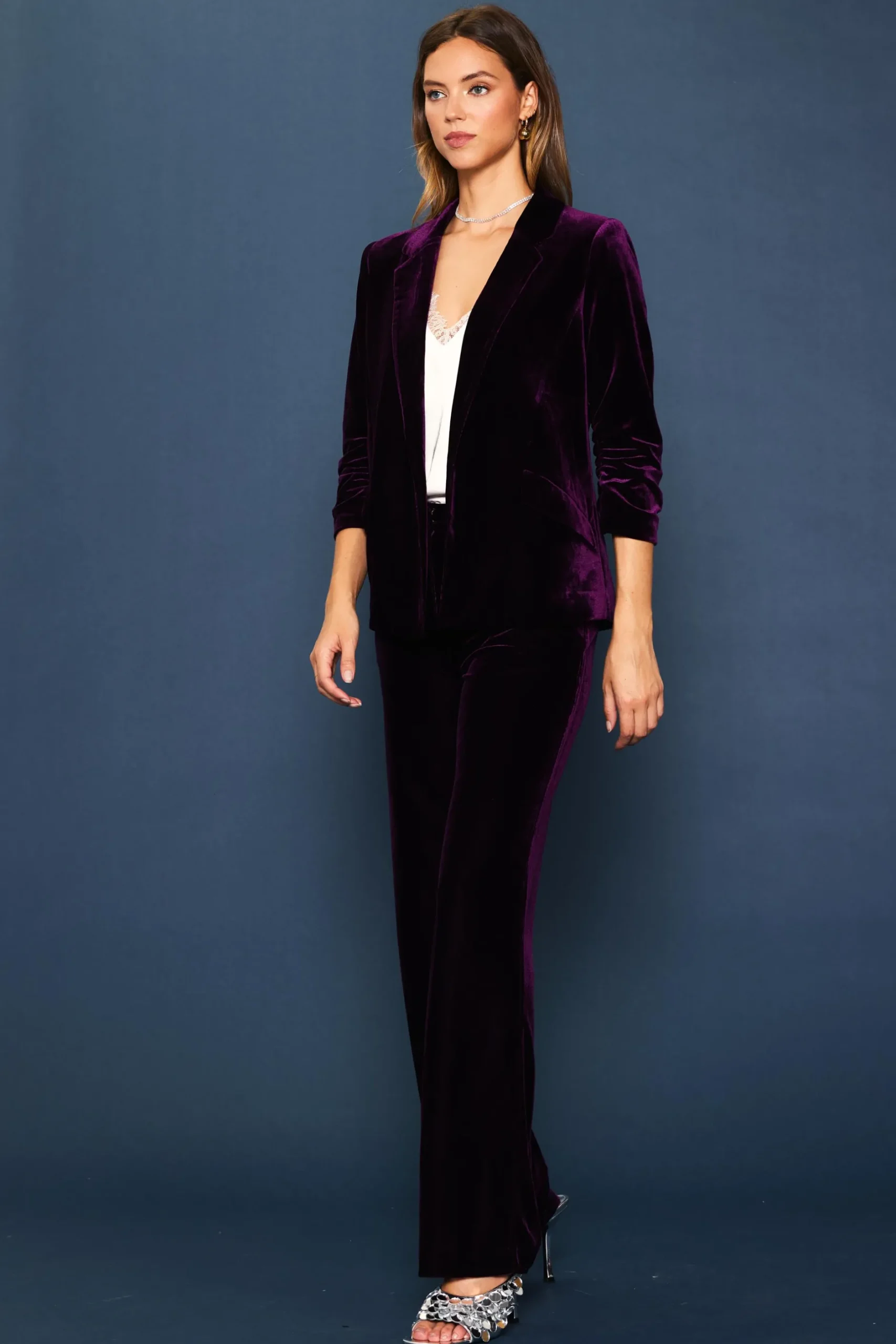 SKIES ARE BLUE Blazers*Ruched Velvet Blazer Plumpurple