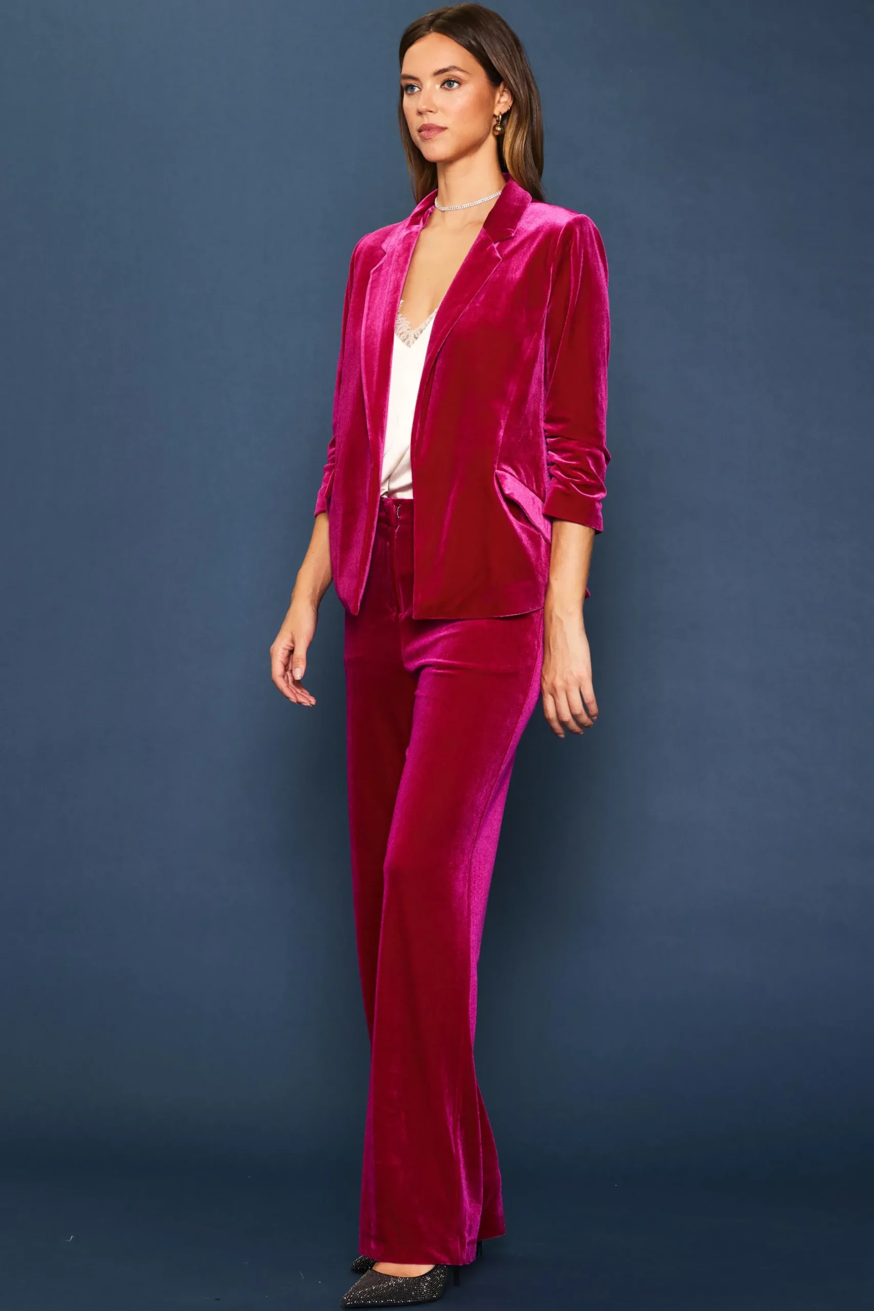 SKIES ARE BLUE Blazers*Ruched Velvet Blazer Magenta