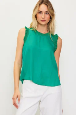 SKIES ARE BLUE Sleeveless Tops*Ruffle Detail Woven Top Kelly-green