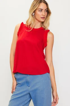 SKIES ARE BLUE Sleeveless Tops*Ruffle Detail Woven Top Radiantred